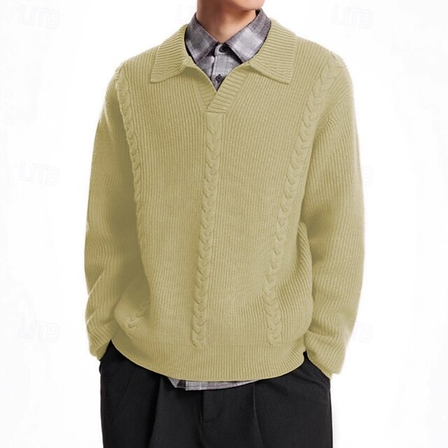 Men's Sweater Pullover Sweater Jumper Ribbed Cable Knit Regular Tops Knitted Slim Fit Plain Turndown Knitwear Contemporary Casual Daily Wear Clothing Apparel Fall Green S M L4