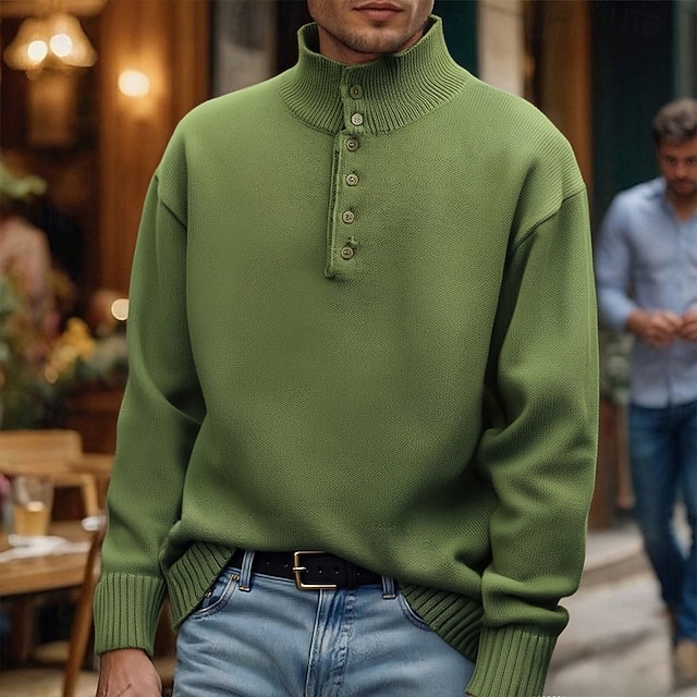 Herr Pullover tröja Stickad tröja Ribbad Sticka Vanliga toppar Knappar Stickat Slät Kinakrage Mode Grundläggande Semester Dagliga kläder Kläder Höst Vinter Svart Grön M L XL