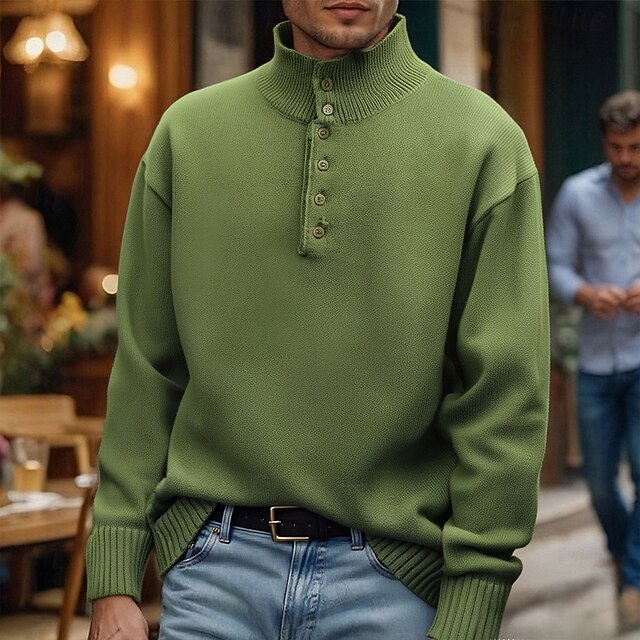 Men's Pullover Sweater Jumper Knit Sweater Ribbed Knit Regular Tops Buttons Knitted Plain Standing Collar Fashion Basic Vacation Daily Wear Clothing Apparel Fall Winter Black Green M L XL3