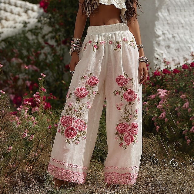  Femmes Jambe large Pantalons Pantalon palazzo ancien Boho Longueur complète Taille haute Fleur Taille Élastique Impression Respirabilité Confortable Rue Tenue quotidienne Sortir Rose Printemps Automne