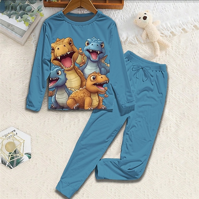  Para Meninos 3D Dinossauro Conjuntos de pijama Conjuntos de pijama com camiseta e calça Manga Longa Impressão 3D Outono Inverno Ativo Básico Infantil 4 anos + Gola Redonda Casa Diário Normal