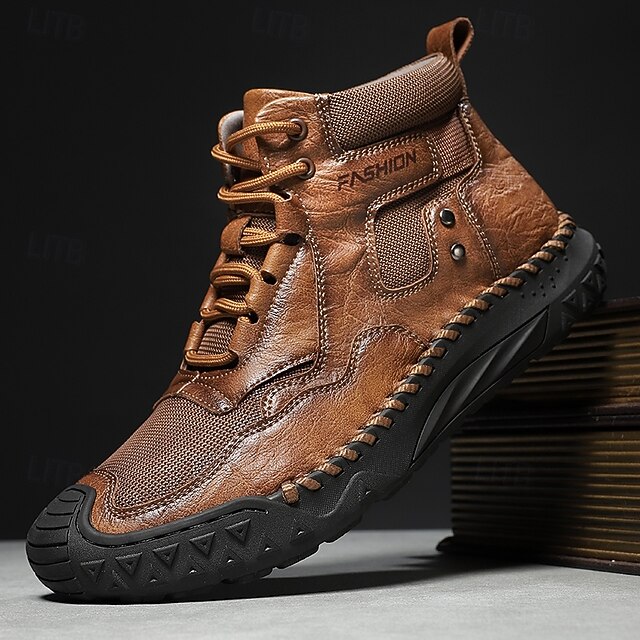  Botas casuais masculinas de couro sintético marrom de cano alto com sola de borracha antiderrapante - calçados duráveis para caminhadas ao ar livre, viagens e uso diário