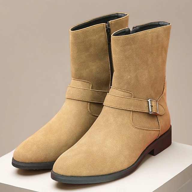  Men's Khaki Faux Suede Mid-Calf Boots with Side Buckle Straps, Retro Cowboy Style Boots for Casual Outfits and Party Occasions