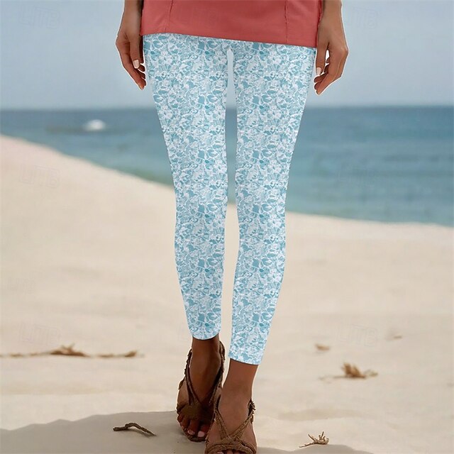 Women's Pants Trousers Leggings Cozy Leggings Streetwear Casual Full Length High Waist Pattern Elastic Waist Print Breathability Comfortable Stretchy Vacation Street Daily Wear Light Blue Summer4