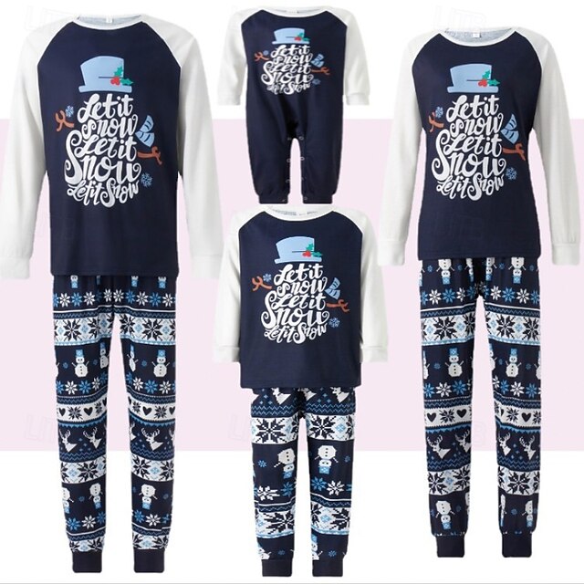 Family Pajamas Christmas Pattern Home Print Navy Blue Long Sleeve ...