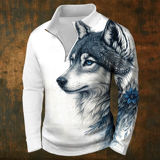 Men's Animal Wolf Sweatshirt Sports Fashion Zip Home Party Work White Fall All Seasons Designer4
