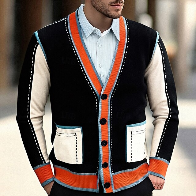 Men's Cardigan Sweater Cropped  Sweater Knit Sweater Ribbed Knit Regular Tops Pocket Buttons Color Block V Neck Fashion Classic Vacation Daily Wear Clothing Apparel Fall Winter Black khaki M L XL3