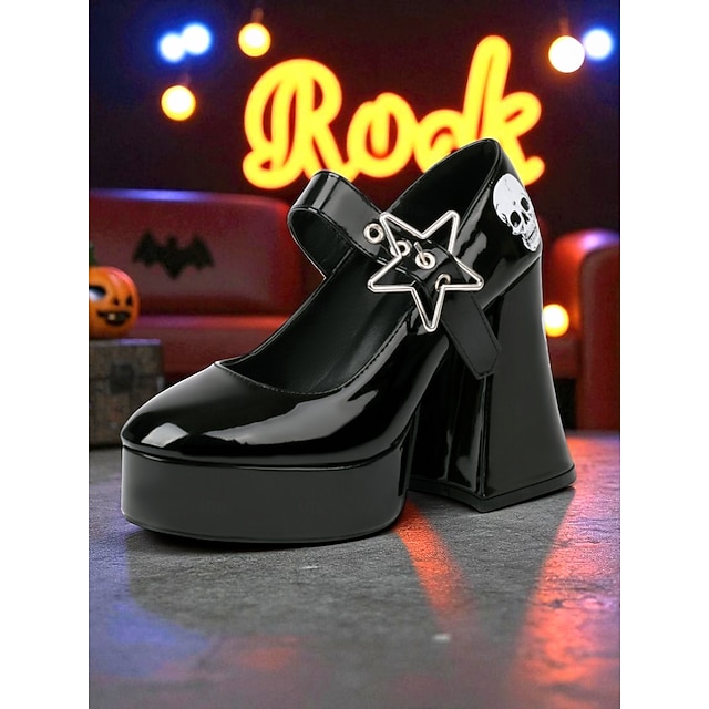  Zwarte Mary Jane-hakken voor dames met schedelprint en stergesp – gotische Halloween-kostuumschoenen voor punkmode, cosplay en thema-evenementen
