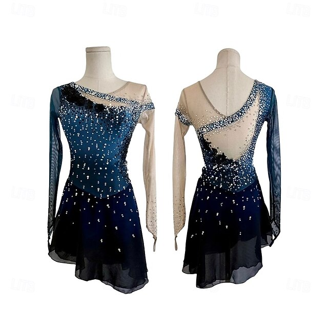 Figure Skating Dress Women's Girls' Ice Skating Dress Navy Blue Patchwork Asymmetric Hem Mesh Spandex High Elasticity Training Competition Skating Wear Classic Crystal / Rhinestone Long Sleeve Ice2