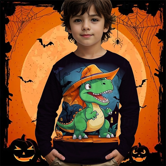  Halloween Pojkar 3D Tecknat Dinosaurie T-shirt Långärmad Vår Höst Mode Grundläggande Barn 4-12 år Rund hals Utomhus Ledigt Dagligen Normal