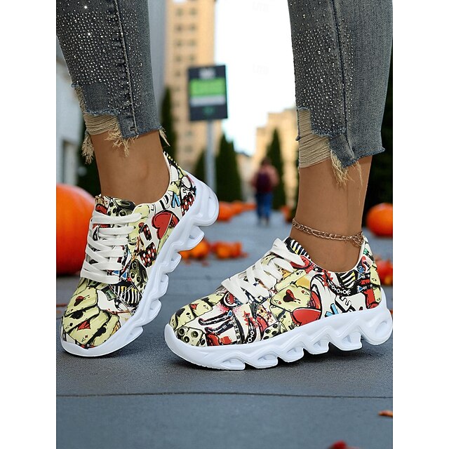  Zapatillas de Halloween con grafiti en blanco y negro para mujer: zapatillas deportivas con suela gruesa para caminar, ideales para ropa urbana, atuendos de otoño y fiestas de disfraces.