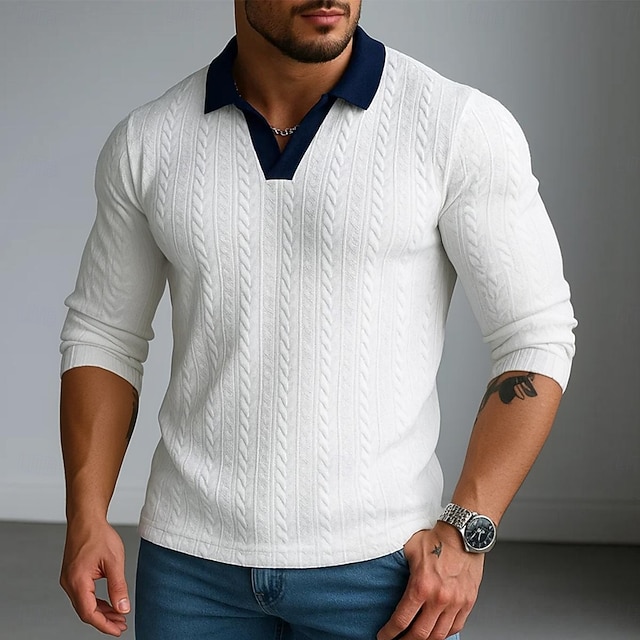  Herren Poloshirts Rippenstrick-Top Geschäft Lässig V Ausschnitt Möwenhalsband Langarm Mode Basic Einfarbig Textur Stricken Herbst Winter Ganzjahres Normale Passform Weiß Burgunderrot Marineblau