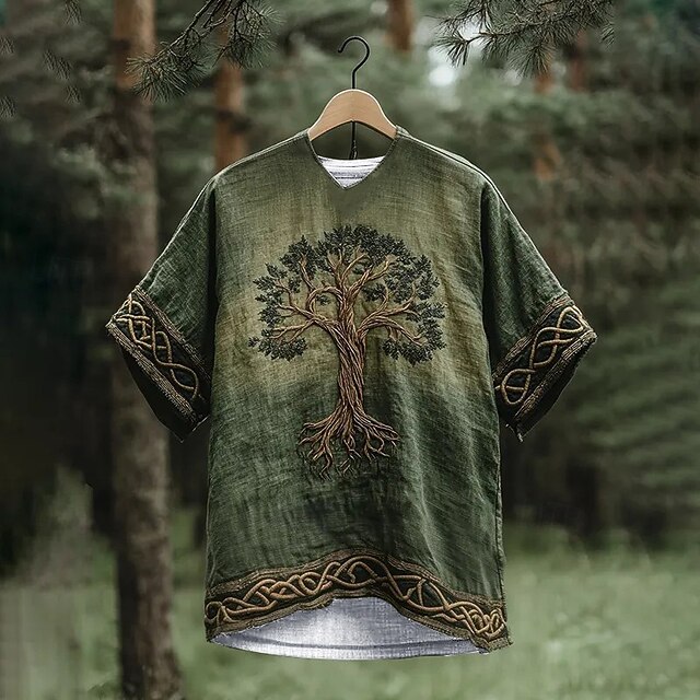 Men's T Shirt Tee Short Sleeve Shirt Tee Top Short Sleeve V Neck Summer Tribal Tree Of Life Yggdrasil Vintage Designer Basic Print Vacation Street Going out Green Gray Top Tee for Men3
