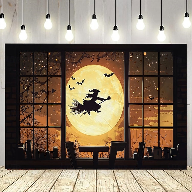  Halloween Witch Window Tapestry, Spooky Full Moon and Flying Witch Silhouette Wall Hanging, Polyester Fabric Haunted House Decor for Living Room, Bedroom, Dorm, or Party, Wrinkle-Free, Easy to Hang, Gothic Room Aesthetic Decoration