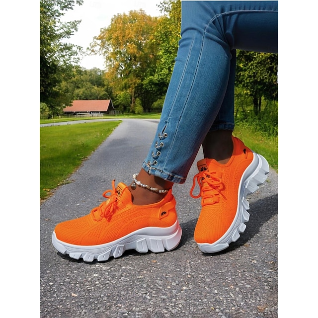  scarpe da corsa Flyknit arancioni brillanti da donna: scarpe da passeggio traspiranti con lacci per fitness, viaggi e commissioni quotidiane