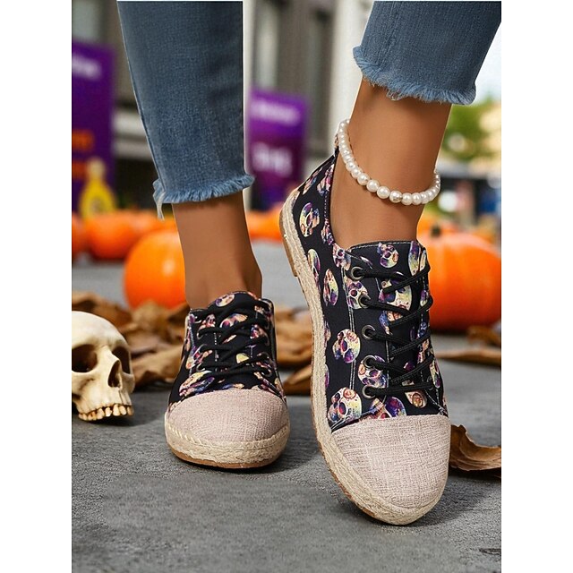  Damskie espadryle z płótna z motywem czaszki i podeszwą z juty – sznurowane buty sportowe na Halloween w stylu gotyckim, do jesiennych stylizacji i codziennej wygody