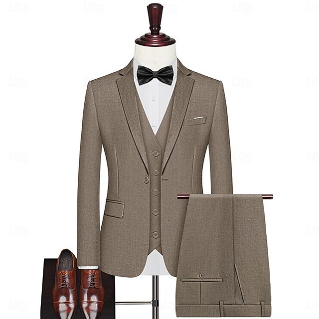 Men's Wedding Casual Business Suits Notch Lapel khaki Formal Solid Colored Slim Fit 3 Piece Single Breasted One-button2