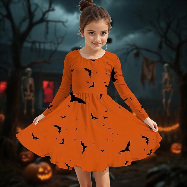 Halloween Girls' 3D Bat Dress Long Sleeve Summer Spring Vacation Daily Holiday Princess Beautiful Sweet Kids 4-12 Years Casual Dress A Line Dress Knee-length Regular Fit4