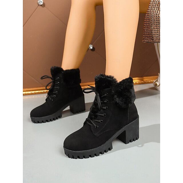  Botas femininas pretas de cano curto com cadarço e forro de pele – botas de inverno com salto grosso e sola de borracha para clima frio, uso casual e ao ar livre