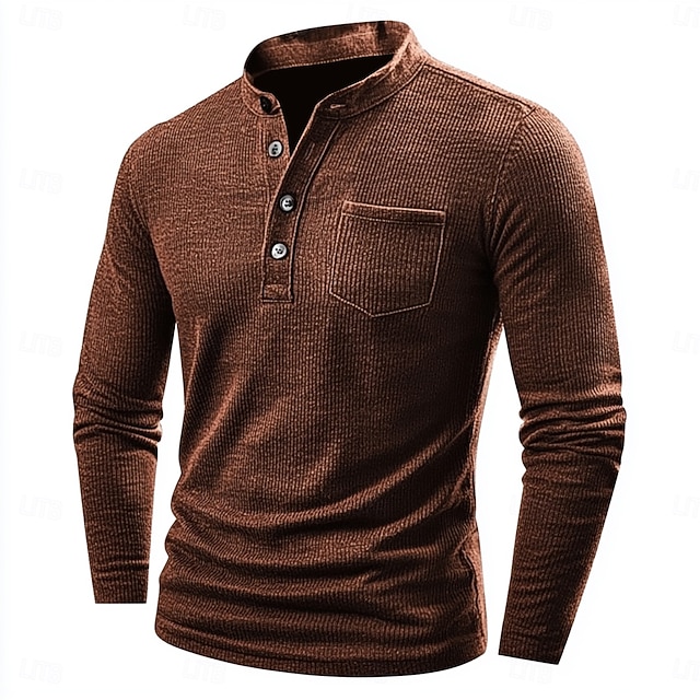  Herren T Shirt Geripptes Strick-T-Shirt Langarm Henley Ganzjahres Einfarbig Traditionell / Vintage Lässig Tasche Outdoor Heim Sport & Outdoor Marineblau Blau Braun Top T-Shirt für Herren