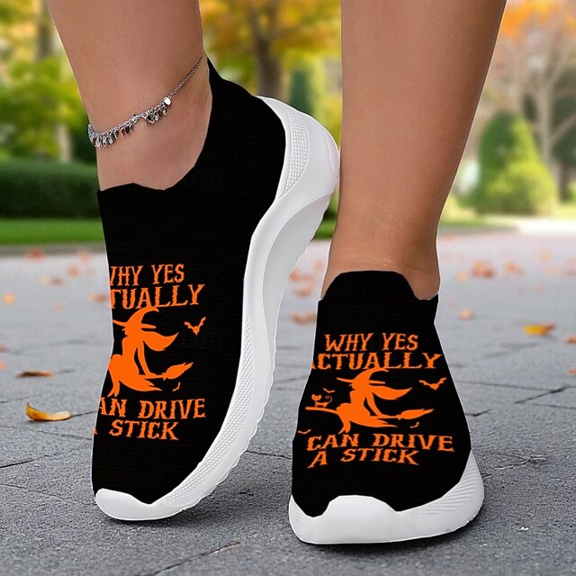  Damskie wsuwane trampki Flyknit z zabawnym nadrukiem czarownicy „can drive a stick” – wygodne buty do chodzenia na Halloween, idealne na imprezy i na co dzień
