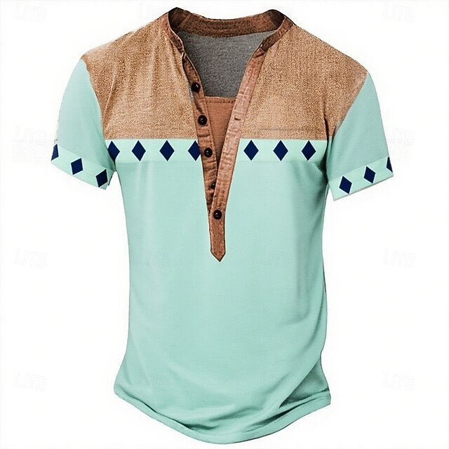 Men's Tribal Ethnic T Shirt Henley Shirt Tee Short Sleeve Designer Retro Basic Outdoor Casual Daily Summer Spring Light Green Henley Henley T-Shirt4