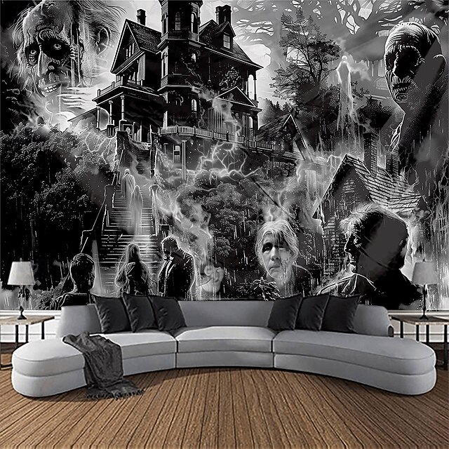 Halloween Wall Tapestry backdrop – Haunted House with Ghosts and Bats, Spooky Horror Wall Hanging for 2025 Halloween Bedroom and livingroom Decoration3