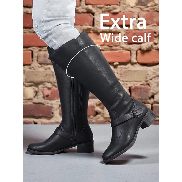  Botas marrones extra anchas hasta la rodilla para mujer con cremallera lateral y hebilla: botas de montar casuales y cómodas para el trabajo, la calle y el uso diario.