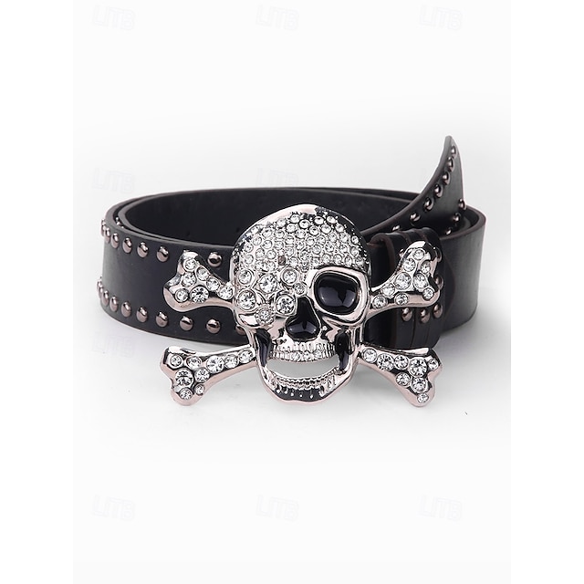  Ceinture unisexe en cuir synthétique avec tête de mort pour Halloween – boucle en cristal avec tête de mort et os croisés – idéale pour les costumes d'Halloween et les tenues décontractées