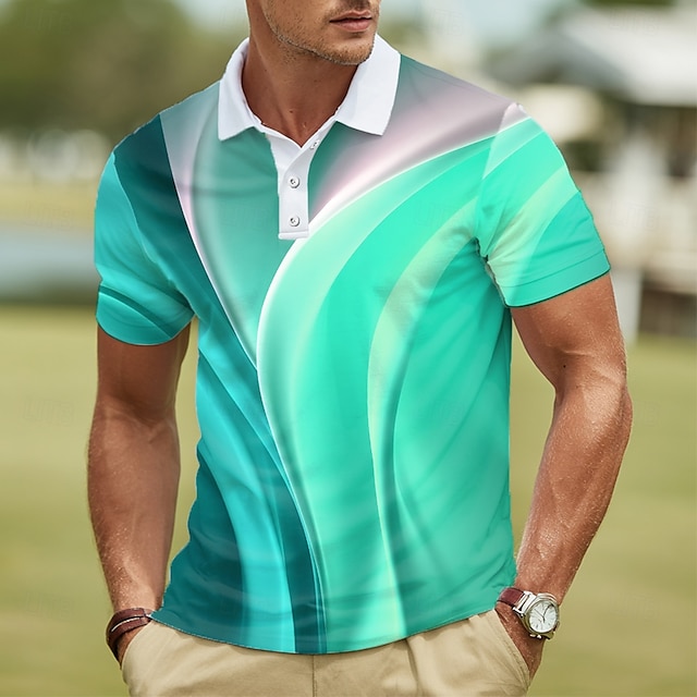  Herren Geometrisch Linie Polo Kurzarm Polo-Shirts Revers Lässig Athleisure 3D-Druck Knöpfe Sommer Blau Purpur Grün