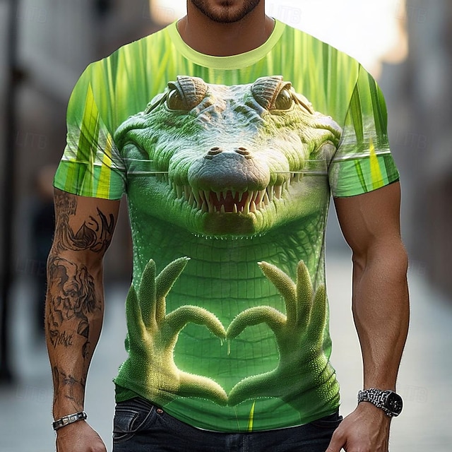  男性用 クロコダイル 3D Tシャツ 半袖 Tシャツ 3Dプリント クルーネック シャツ 誇張された デザイナー パーティー 祝日 緑 1# 緑 2# 緑 3# 夏 春 衣類 S M L XL XXL XXXL