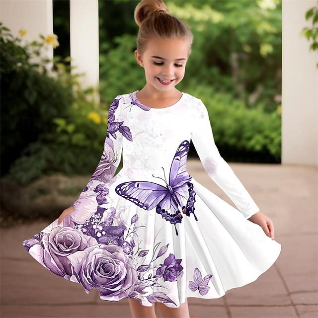  Tyttöjen 3D Perhonen Kukka Mekko Pitkähihainen Kesä Kevät Loma Päivittäin Pyhäpäivä Prinsessa Kaunis Makea Lapset 4-12 vuotta Rento mekko A linjainen mekko Polvipituinen Normaali