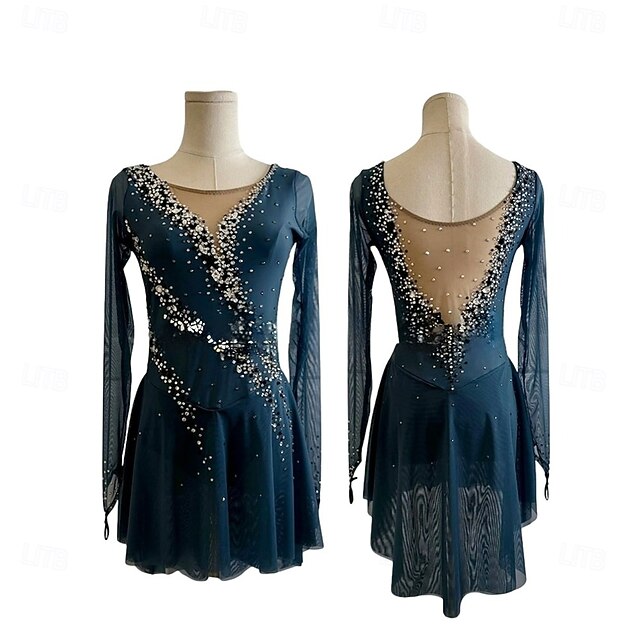 Figure Skating Dress Women's Girls' Ice Skating Dress Dark Green Patchwork Thumbhole Spandex High Elasticity Training Competition Skating Wear Classic Crystal / Rhinestone Long Sleeve Ice Skating2