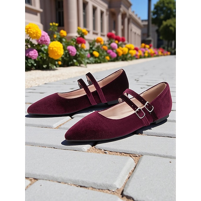  Pantofi sport damă cu vârful ascuțit, din catifea vișinie, cu barete duble – pantofi eleganți, stil retro șic, pentru petreceri de Crăciun, evenimente de sărbători și reuniuni festive