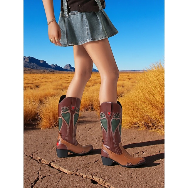 marrom feminino &botas de cowboy bege com detalhes de coração - calçados chiques de estilo western para moda urbana
