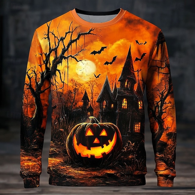 Halloween Men's Pumpkin Sweatshirt Punk Party Long Sleeve Crew Neck Vacation Purple Orange Crewneck 3D All Seasons Designer