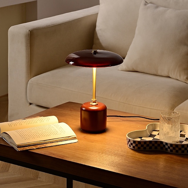  Candeeiro de mesa redondo de vidro e madeira de latão retrô contemporâneo com cilindro LED para cabeceira