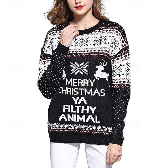 Women's Christmas Sweater Fair Isle Sweater Pullover Casual Snowflakes Ribbed Crew Neck Knitted Print Long Sleeve Regular Tops Knit Christmas Daily Holiday Black White Winter4