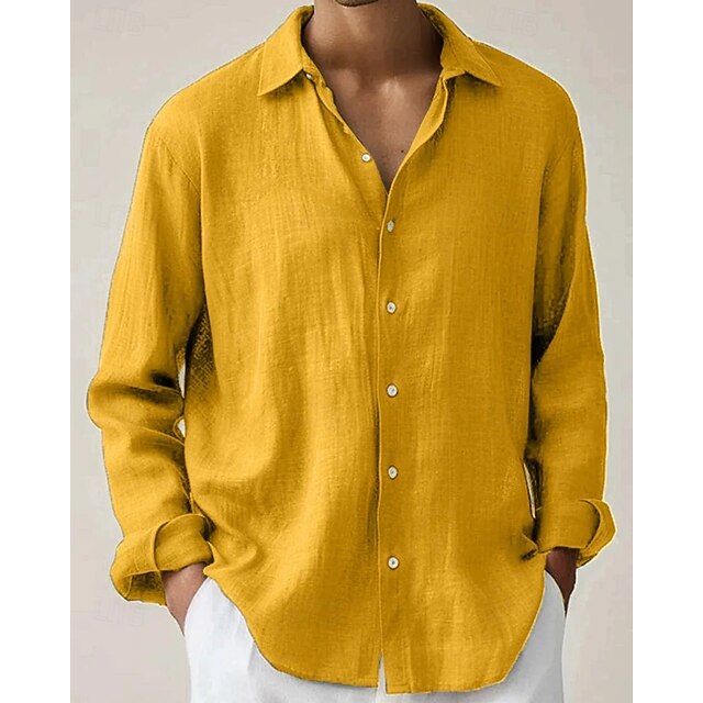 Men's Shirt Summer Shirt Casual Shirt Beach Shirt Button Up Shirt Yellow Red Green Long Sleeve Plain Lapel Vacation Hawaiian Clothing Apparel Polyester Fashion Casual Comfortable4