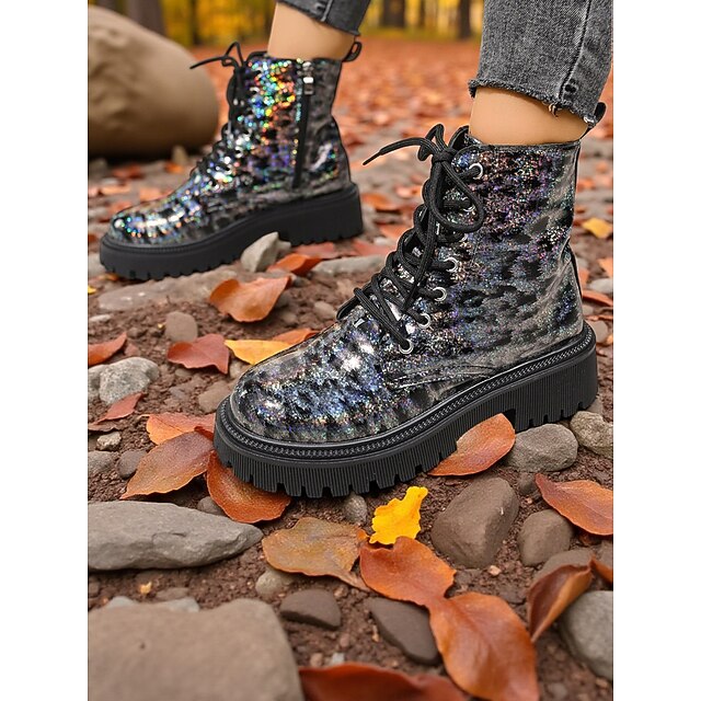  Botas de combate con estampado de leopardo y purpurina para mujer, con suela gruesa: botines con cordones de moda para mujer, ropa urbana y conjuntos casuales.