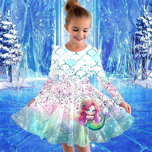  Flickor 3D Sjöjungfru Klänning Långärmad Sommar Vår Semester Dagligen Helgdag Prinsessa Skön Ljuv Barn 4-12 år Vardagsklänning A linjeklänning Knälång Normal