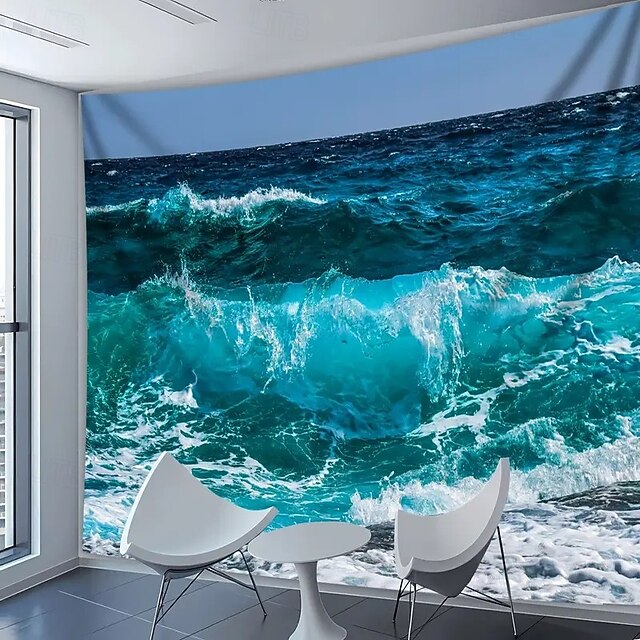 Massive Summer Ocean Wave Landscape Photo Wall Tapestry  High Definition Digital Print on Polyester Fabric, Modern Coastal Wall Hanging for Living Room, Bedroom, Office, or Party Decor, Easy to hang3