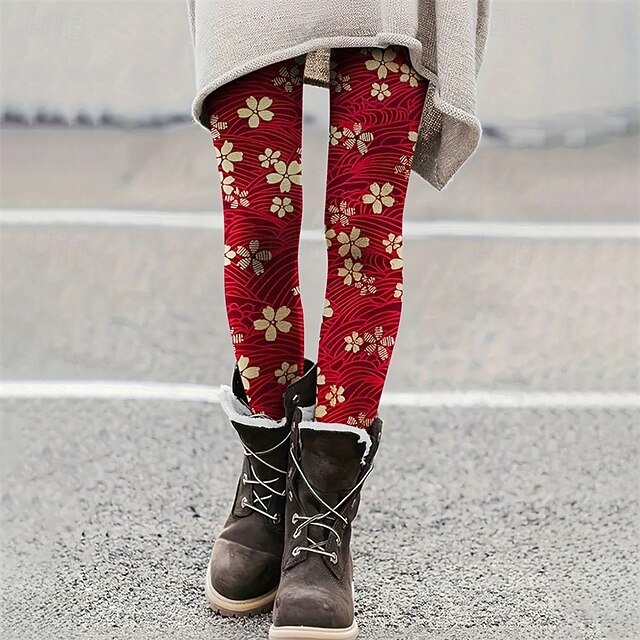 Women's Pants Trousers Leggings Cozy Leggings Streetwear Casual Full Length High Waist Floral Elastic Waist Print Breathability Comfortable Stretchy Vacation Street Daily Wear Red Summer Spring Fall4
