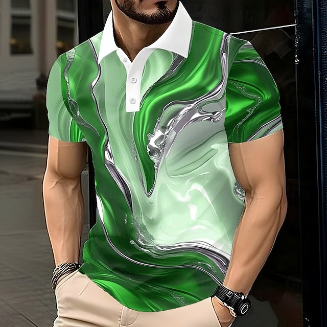  Miesten Abstrakti Marmori Polo Lyhythihainen Poolopaidat Kauluskäänne Business Casual Urheilu- ja treenivaatteet Arki-asut 3D-tulostus Napit Kesä Sininen Kulta Apila