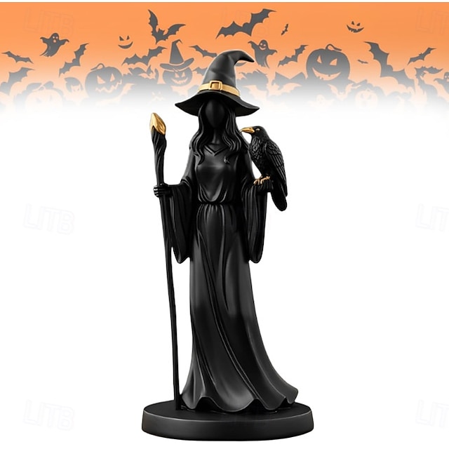  sculptură de vrăjitoare cu toiag negru auriu elegant negru &figurină mistică din rășină aurie cu pălărie de vrăjitoare complicată &personal pentru ornament de birou de interior/exterior