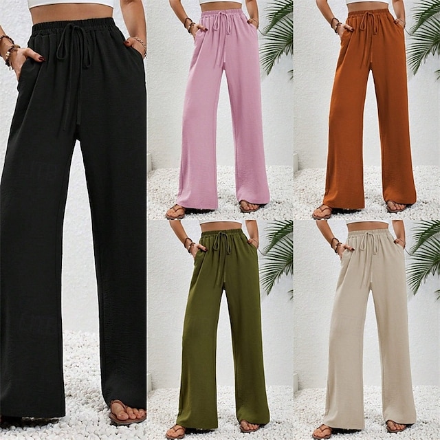  女性用 ワイドレッグ パンツ パラッツォパンツ ファッション ストリートファッション 全長 ハイウエスト 平織り ドローストリング 弾性ウエスト 通気性 快適 ストリート デイリーウェア お出かけ ブラック ピンク アーミーグリーン ネイビーブルー 夏 春 レギュラー