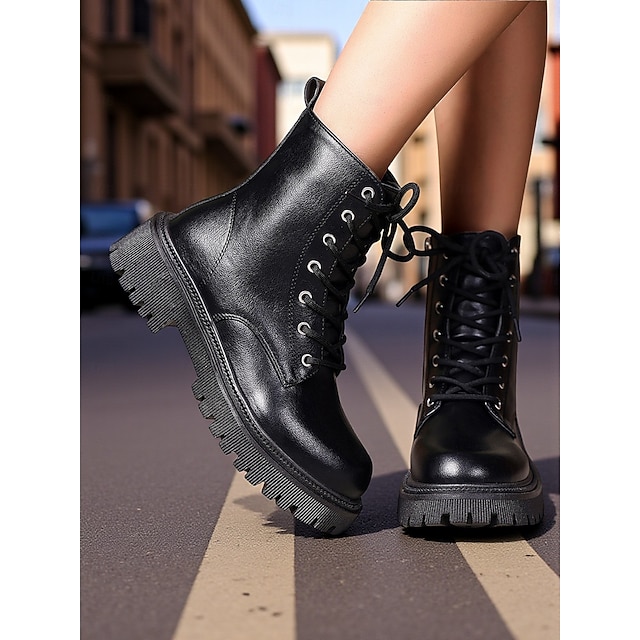  Zwarte leren veterlaarzen voor dames, stoere stijl voor urban fashion, ideaal voor streetwear in de stad &dagelijkse outfits