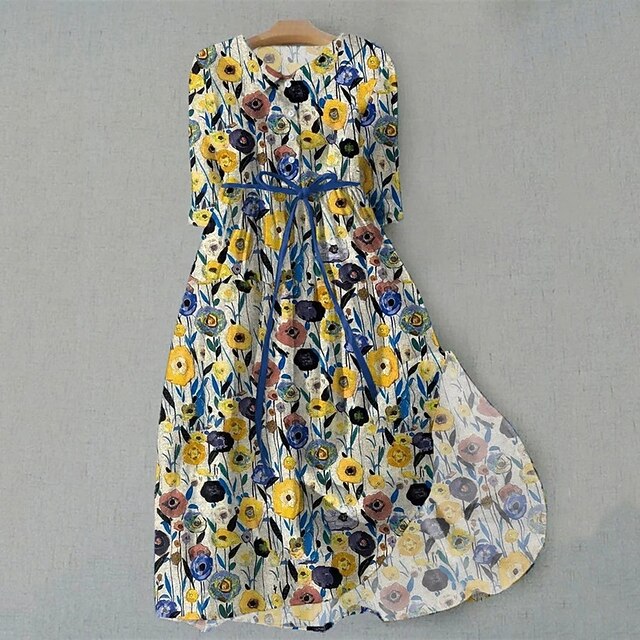 Women's Midi Dress Shirt Dress Casual Dress Fashion Modern Daily Beach Weekend Regular Fit Flower Half Sleeve Shirt Collar Yellow Pink Blue Green Summer Spring4