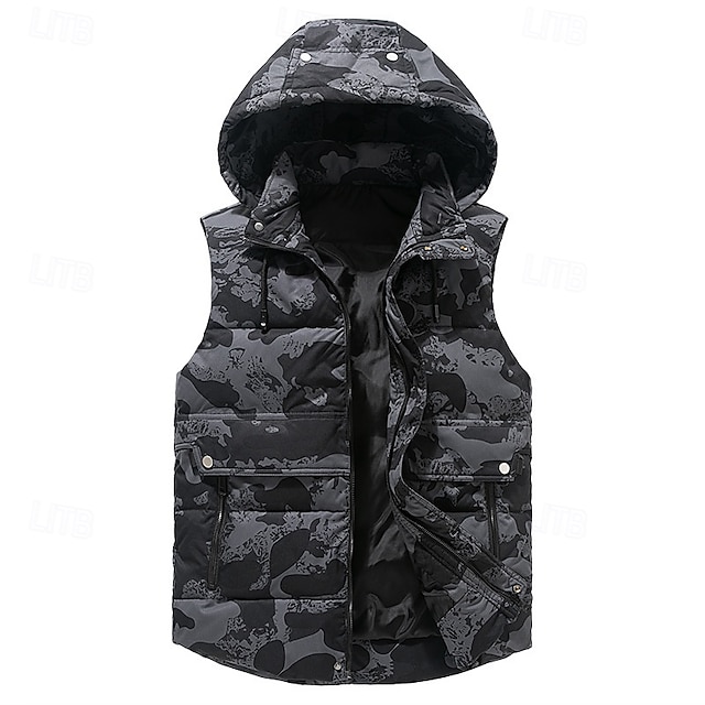  Pánské Puffer Vesta Kamizelka Vesta Dovolená Denní Rande Módní Na běžné nošení Zima Kapsy Polyester Zahřívací Pohodlné Pevná barva Kamuflážní barva Zip Kapuce Běžný Černá Tmavě šedá Béžová Šedá Vesta
