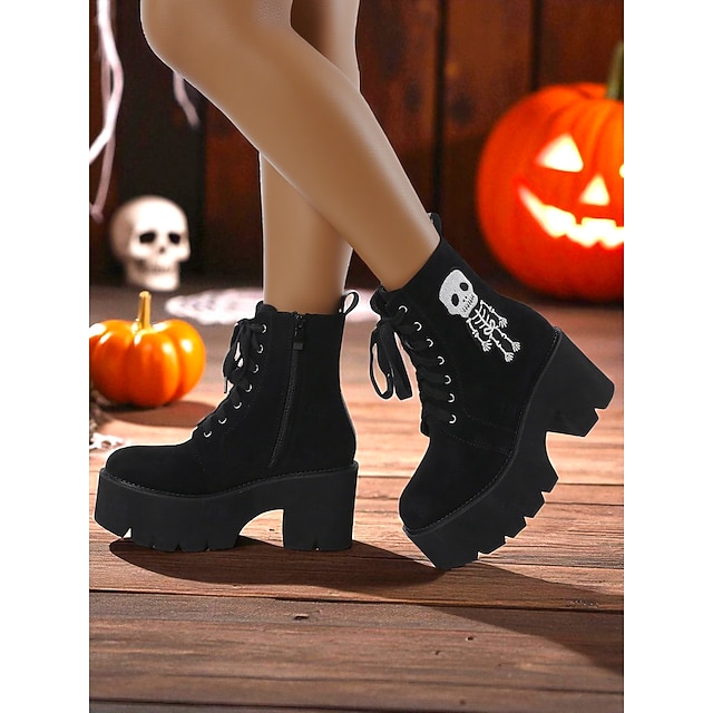  Botas plataforma femininas de camurça preta gótica - botas de cano curto com salto grosso e cadarço com bordado de esqueleto para Halloween, cosplay de outono &roupa de festa